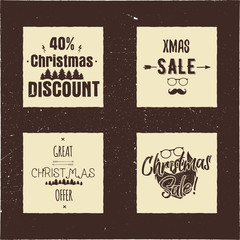 Obraz premium Christmas sale and discount typography cards with trees and Santa. Xmas season offers lettering emblems. Holiday Online and offline shopping type quotes. Stock illustrations isolated