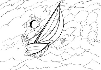 Yacht in the stormy sea illuminated by the moon. Hand drawn illustrations for coloring - 236567703