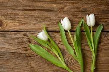 Pink tulips, floral arrangement on wooden background from old boards and a space for messages.