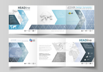 The minimalistic vector illustration of the editable layout. Two modern creative covers design templates for square brochure or flyer. World globe on blue. Global network connections, lines and dots.
