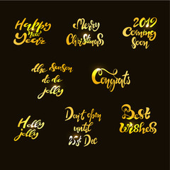 Fototapeta na wymiar vector illustration with lettering Happy New 2019 Year - bundle of festive inscriptions handwritten with creative calligraphic fonts and decorated. Usable for banners, greeting cards, gifts etc EPS 10