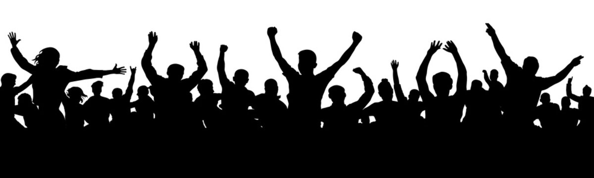 Cheerful people having fun celebrating. Cheers joy of victory. Group of friends, youth. Crowd of fun people on party, holiday. Applause people hands up. Silhouette Vector Illustration