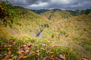 Valley of Hamteau at autumn insane colors with ourthe river Belgium