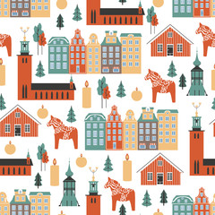 Seamless pattern, Swedish travel cartoon vector landmark, flat buildings, City Hall of Stockholm, Gamla Stan, Bell Tower of Church, Kiruna, Dalarna horse, candle, tree isolated on white background