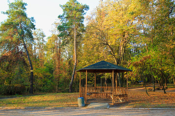 Gazebo in the autumn park. Autumn trees and leaves.