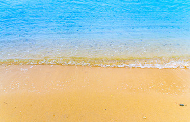 Fototapeta na wymiar ocean blue wave on sandy beach with sea shell summer background