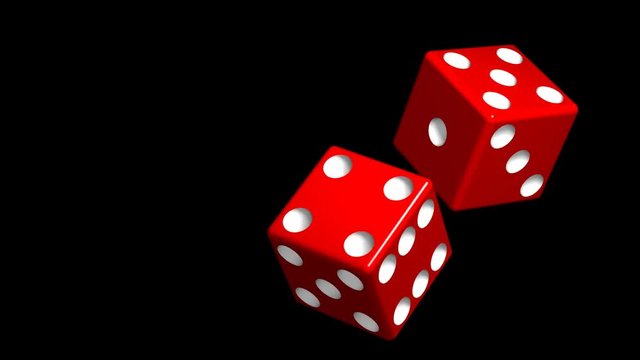 looping pair of spinning red dice over black background