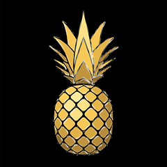 Obraz premium Pineapple grunge with leaf. Tropical gold exotic fruit isolated black background. Symbol of organic food, summer, vitamin, healthy. Nature logo. Design element silhouette icon. Vector illustration