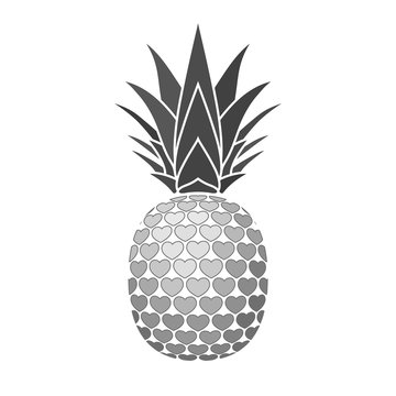 Pineapple sign with hearts for t-shirt. Tropical silver exotic fruit isolated white background. Love sign. Cute romantic typography graphic. Sweet summer design decoration. Vector illustration