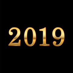 Happy New Year background. Gold 3D number 2019 isolated on black. Bright golden design for greeting card, Christmas banner, holiday celebration, decoration poster, calendar. Vector illustration