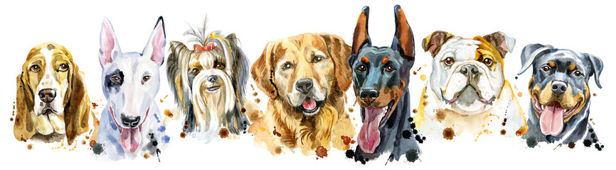 Border from watercolor portraits of dogs for decoration - obrazy, fototapety, plakaty