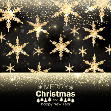 black christmas background with golden snowflakes. Vector illustration