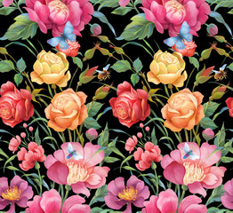       Peonies and roses seamless background pattern. Version 2