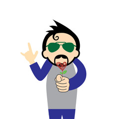 hipster man with red heart flower