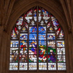 Le Mans France, 15 october 2018.  Old stained glass in Le Mans Cathedral in France