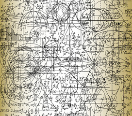 Scientific math vector seamless pattern with handwritten formulas, geometrical figures and equations, shuffled together. Old paper effect