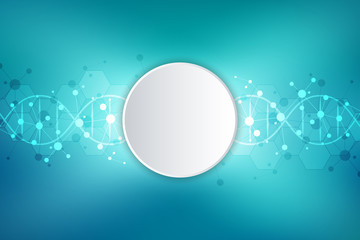 DNA strand and molecular structure. Genetic engineering or laboratory research. Background texture for medical or scientific and technological design.