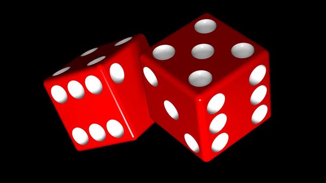 looping pair of spinning red dice close up over black background