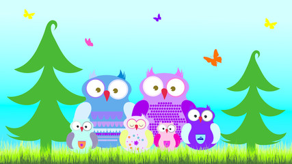 Vector illustration of owl family in the woods.