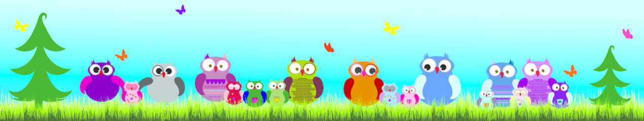 Vector illustration of owl family in the woods.