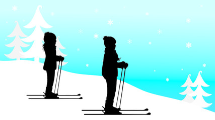 Vector silhouette of children who skiing in the mountains in winter.