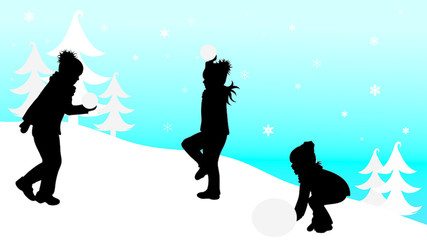 Vector silhouette of children who play with snow in the mountains in winter.