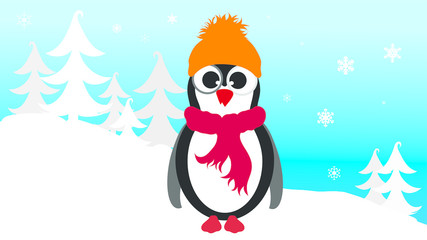 Vector illustration of penguin in the snowy woods in the winter.