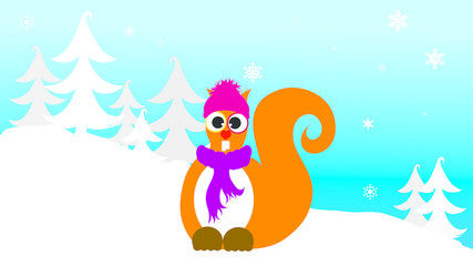 Vector illustration of squirrel in the snowy woods in the winter.