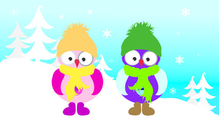 Vector illustration of owl children in the snowy woods in the winter.