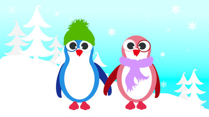 Vector illustration of penguin in the snowy woods in the winter.