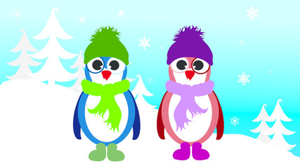 Vector illustration of penguin children in the snowy woods in the winter.