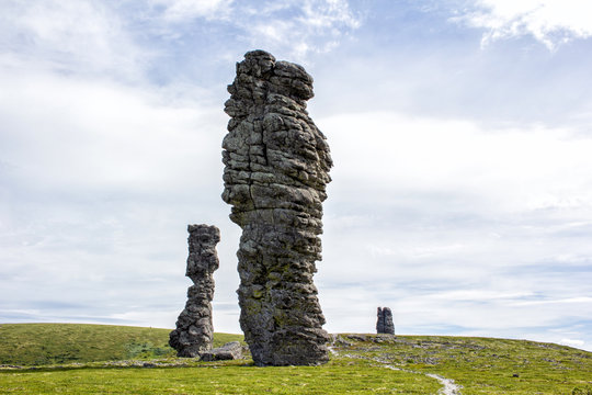 Magnificent stone idols of Manpupunyor in the Northern Urals of Russia.