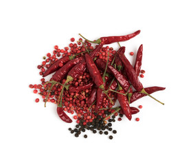 Heap of Dry Red Chili Peppers, Black and Pink Pepper Isolated