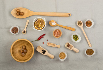Composition from wooden spoons and various spices