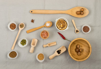 Composition from wooden spoons and various spices