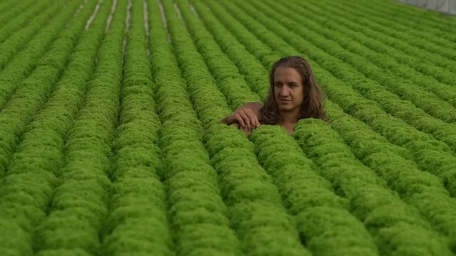 Young vegan man with long hair lies in salads, caresses salad