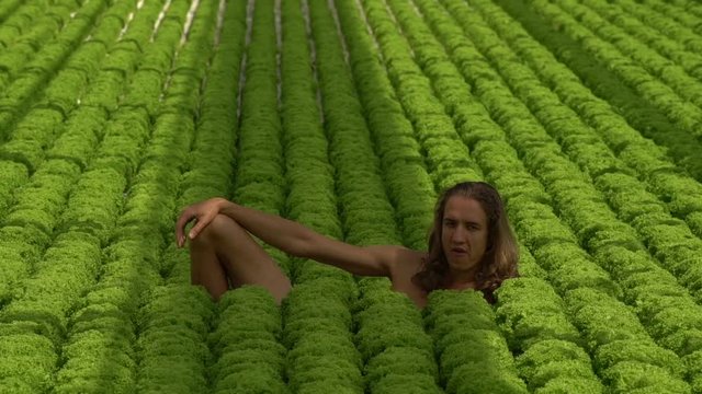 Young vegan man with long hair lies in salad field eating salad