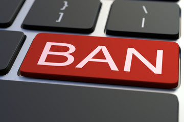 Close-up of BAN key on the keyboard. 3D rendering