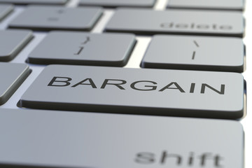 Computer keyboard featuring BARGAIN key. Conceptual 3D rendering