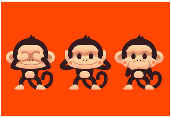 Vector set of cute monkey closing eyes ears mouth, three wise monkeys