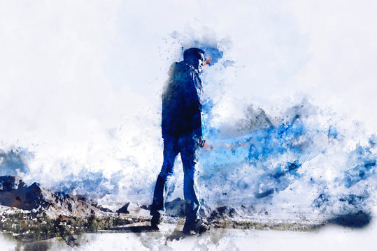 Man standing on the rock with backpack and splash of ink on white background, monotone digital watercolor image