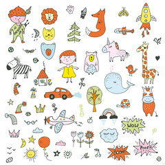 Fototapeta premium Kids doodle set - funny drawing of children, animals, transport, nature. Vector graphic illustration