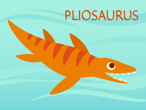 Cute Pliosaur swimming. Dinosaur life. Vector illustration of prehistoric character in flat cartoon style isolated on underwater background. Funny orange Mosasaurus. Element for design. Kronosaurus.