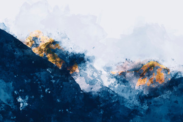 Abstract painting of mountains in blue tone, Digital watercolor painting