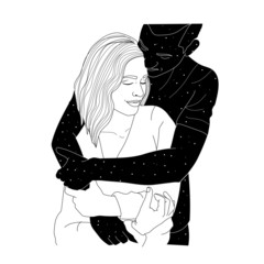 Hugs of a man and a woman. Picture of lovers, loving. Portrait in the style of graphics. Minimalism style. Space inside. Esoterics, symbolism, stars, constellations, boho, mysticism, philosophy. 
