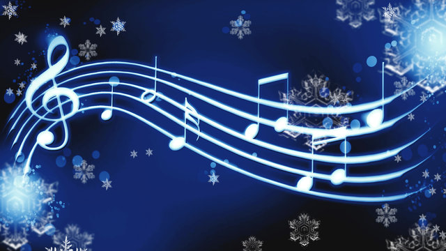 notes on a blue background with snowflakes winter melody