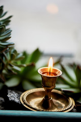 The candle burns in a small brass candlestick , among the green of the succulents. Macro. Feeling of warmth and comfort. Prayer, gratitude