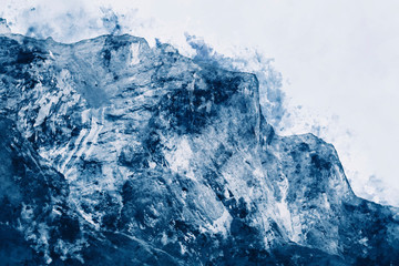 Abstract painting of mountain peaks in blue tone, Digital watercolor painting