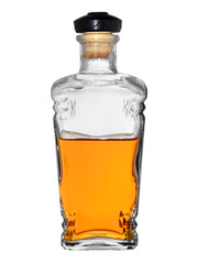 bottle of whiskey closed cork on white background