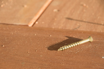 Single screw laying on a freshly made deck isolated